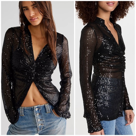 𝓯𝓹 Free People ~ Sequin Shirtee - Picture 1 of 16